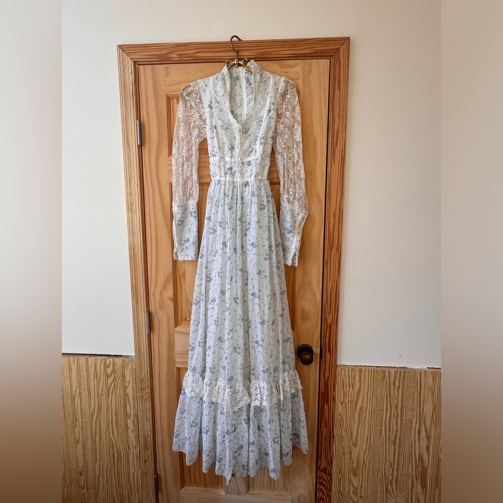 Gunne Sax Blue Floral Lace Maxi Dress